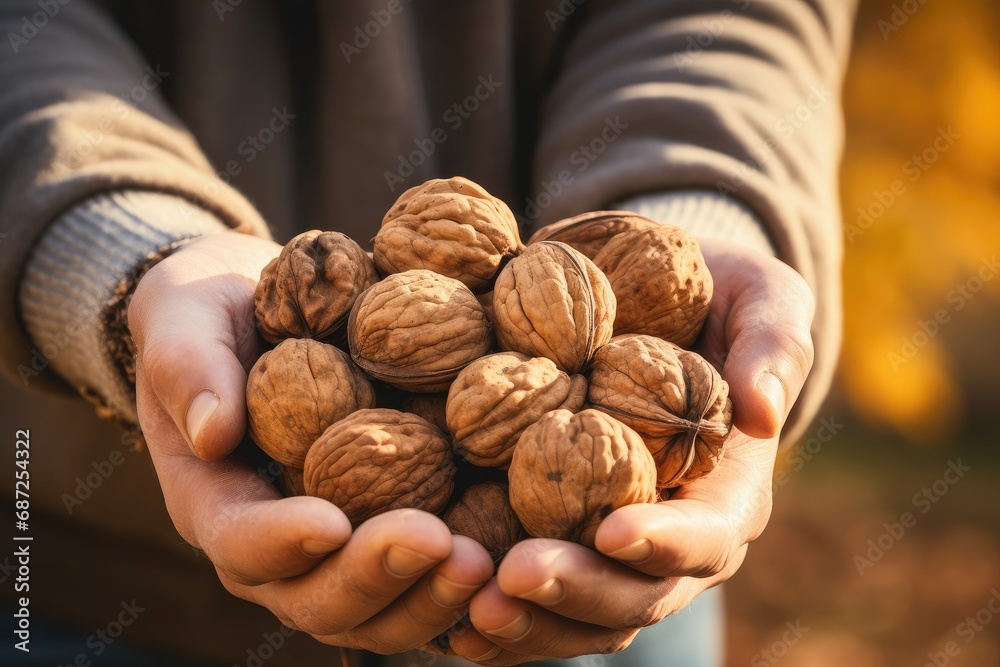 Wall mural A heap of fresh walnuts in the hands of a woman symbolizes the healthful essence of autumn harvest.