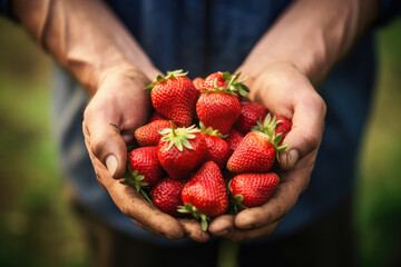 In a farmer's hands are Organic strawberries, red and ripe, symbolizing health and freshness