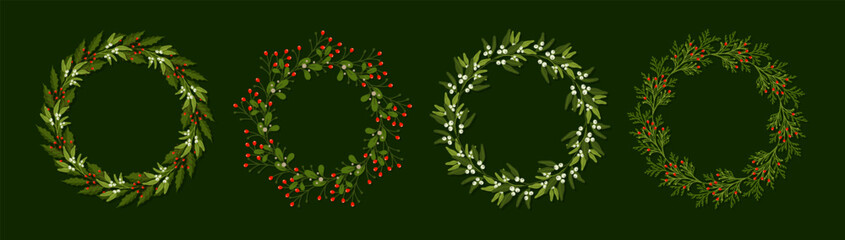 Christmas wreaths with leaves, coniferous branches, red berries and mistletoe on a green background. Set of winter floral frames. Vector illustration
