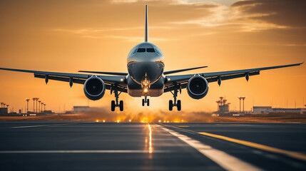 A passenger plane takes off from the runway at sunset