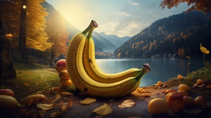 Enchanting surroundings embrace a jubilant banana character, its form illuminated by the...