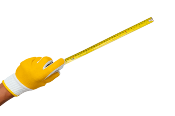 Measuring Tape in Hand Isolated on White Background with Yellow Helmet and Construction Tools for Length and Inch Measurement in Building Industry