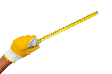 man wearing a glove holding a tape measure on a white background. construction industry....