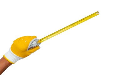 man wearing a glove holding a tape measure on a white background. construction industry. engineering Measurement, craftsmanship. isolated.