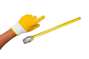 man wearing a glove pointing a finger and a tape measure on a white background. construction...