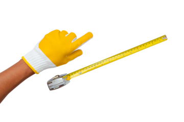 man wearing a glove pointing a finger and a tape measure on a white background. construction industry. engineering Measurement, craftsmanship. isolated.