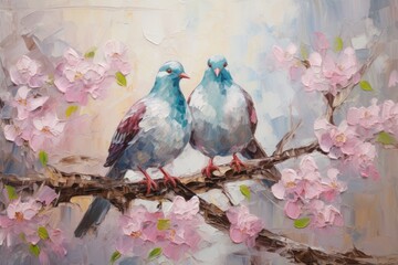 palette knife textured painting Love and pigeons Love Doves pair of pigeons