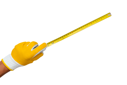 Measuring Tape in Hand Isolated on White Background with Yellow Helmet and Construction Tools for Length and Inch Measurement in Building Industry