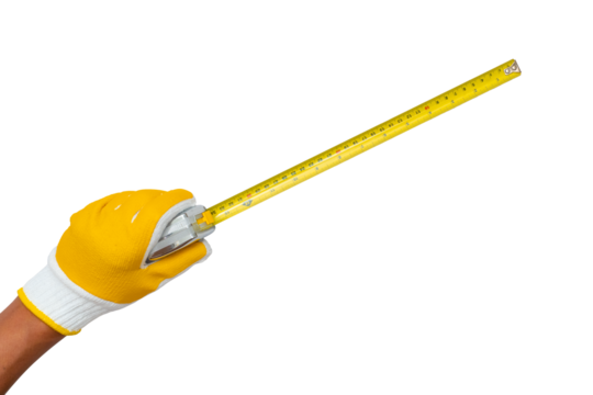 man wearing a glove holding a tape measure on a white background. construction industry. engineering Measurement, craftsmanship. isolated.