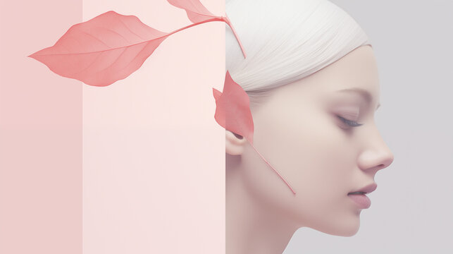 Profile of dreamy woman with closed eyes and pink background; ethereal, dreamy gaze, red leaves; minimalist concept; female head; copy space for advertisement for healthy skincare spa product