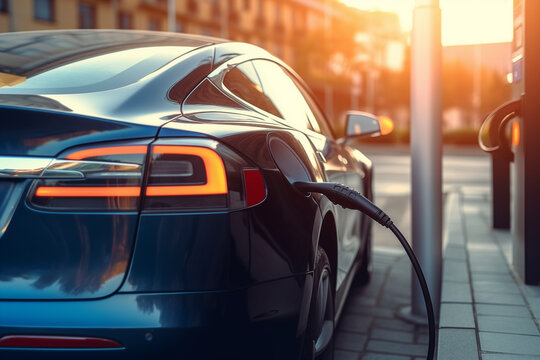 Electric Car on Charging. Charge an Electric Car. Powered car charging station. Energy Powered Battery Electric Vehicle charging station. EV charging station for electric cars. EV Auto on charge.