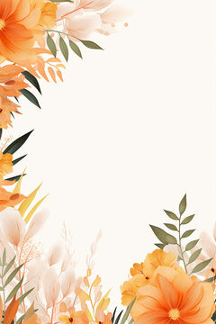 frame with yellow flowers, green nature leaves border wedding invitation card white background with copy space