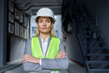 Portrait of a young woman engineer, architect, owner of a construction company standing in a hard hat and reflective vest outside the building and crossing her arms, looking seriously into the camera.