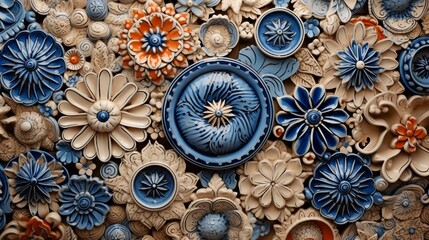 Fototapeta na wymiar A high-definition image showcasing the intricate details of handcrafted ceramic tiles in an artistic arrangement.