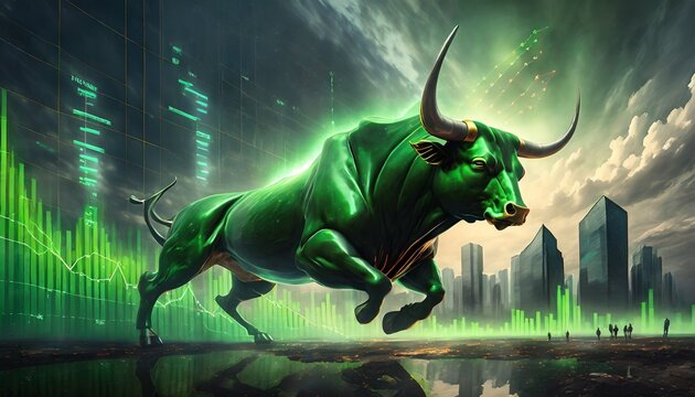 A green bull illustration. Stock market bull run