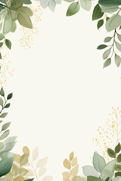 green leaves border wedding invitation card white background with copy space, template