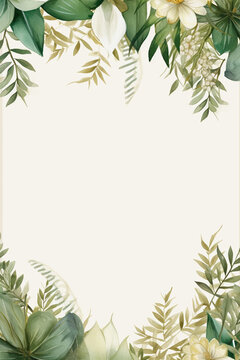 frame of white flowers, green nature leaves border wedding invitation card white background with copy space
