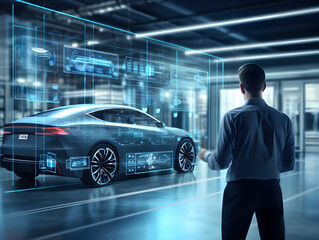 Technician checking and repairing battery cell of electrical vehicle, eco-friendly alternative energy concept, futuristic hybrid vehicle charge battery electric on station, ai generated photo