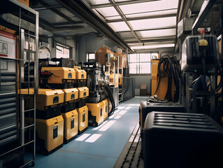 Technician checking and repairing battery cell of electrical vehicle, eco-friendly alternative energy concept, futuristic hybrid vehicle charge battery electric on station, ai generated photo