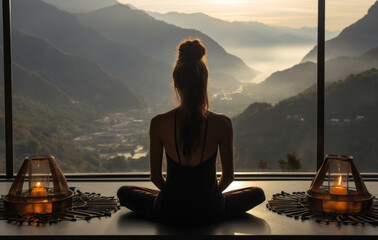 Young pretty woman with in comfortable dress sits surrounded with candles lights with her back to us looking at lake and mountains during sunset
