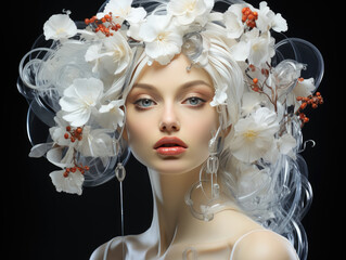 Portrait of fashion model, young woman with pouty lips and white hair styling with flowers, hat