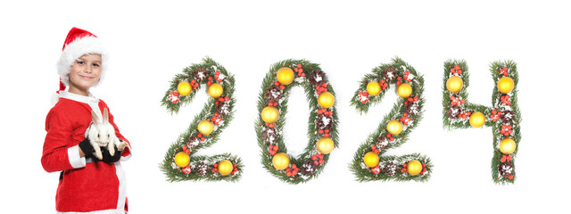 Boy holding a christmas rabbit and 2024 number