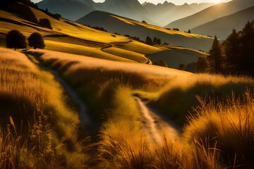 A narrow path winding through a meadow bathed in the golden light of a late afternoon, the silhouette of distant mountains visible