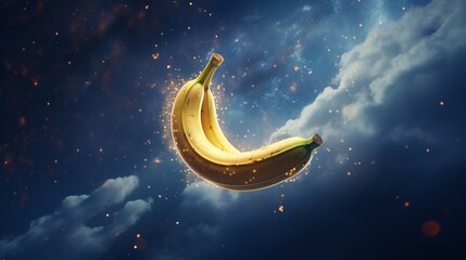 Obraz na płótnie Canvas Picture a jubilant banana, perfectly lit, against the backdrop of a night sky sprinkled with stars and adorned with delicate white clouds.
