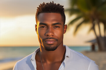 A poised young man with a confident gaze stands against a backdrop of a tropical sunset and palm trees, exuding charisma and tranquility in a serene beach setting.