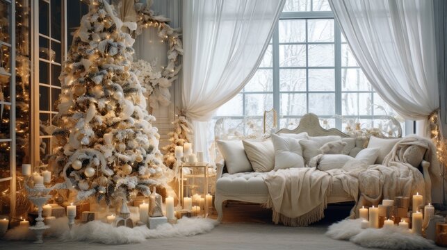 Beautiful photo zone with professional equipment and decorated Christmas tree