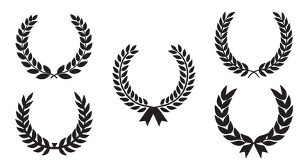 Set of laurel wreaths. Award in the form of laurel leaves in a black silhouette, achievement, wreath, heraldry. black shape award-winning laurel wreath on transparent background