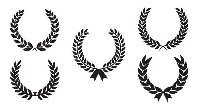 Set of laurel wreaths. Award in the form of laurel leaves in a black silhouette, achievement, wreath, heraldry. black shape award-winning laurel wreath on transparent background