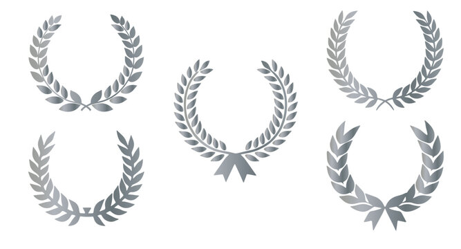 Set of laurel wreaths. Award in the form of laurel leaves in a silver silhouette, achievement, wreath, heraldry. silver shape award-winning laurel wreath on a transparent background
