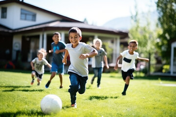 Obraz premium A group of active children, both boys and girls, running and playing with a ball in a sunny outdoor setting.