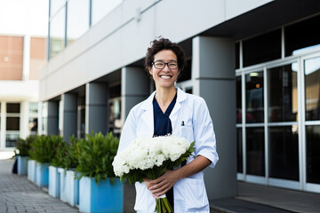 A happy and beautiful female doctor holding a bouquet of flowers outdoors, showcasing professionalism and a warm smile.