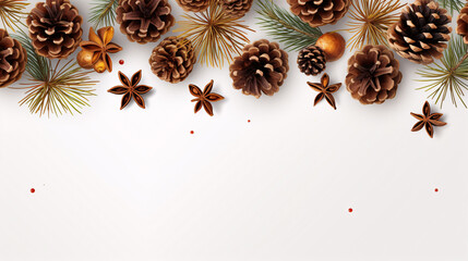 A Christmas-themed pattern of pine branches, cones, and anise stars isolated.