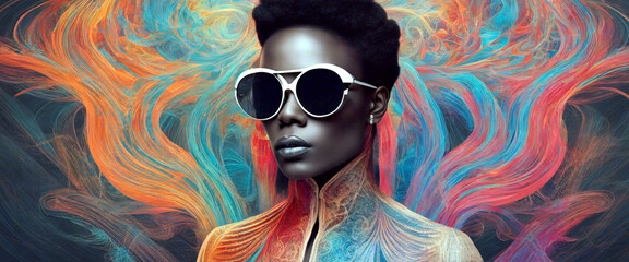 Afrikanische Frau mit Sonnenbrille. Elegante, bunte Jacke mit hohem Kragen