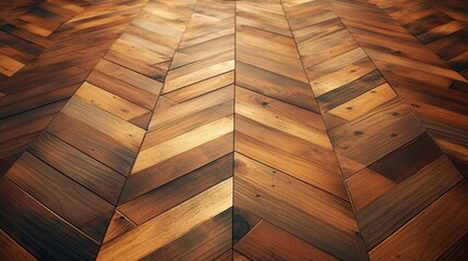 Geometrically patterned wooden floorboards in varying shades, creating a sense of depth and warmth.