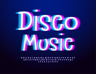 Vector creative flyer Disco Music. Handwritten glowing Font. Neon Alphabet Letters and Numbers set