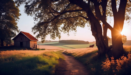peaceful landscape with a rustic house - obrazy, fototapety, plakaty