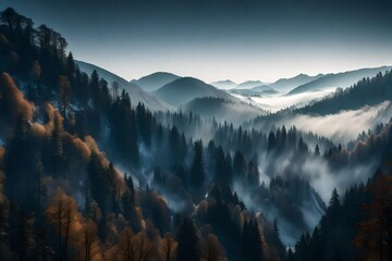 A panoramic view of a fog-draped valley, with winter-clad hills and a dense forest creating a serene winter landscape.
