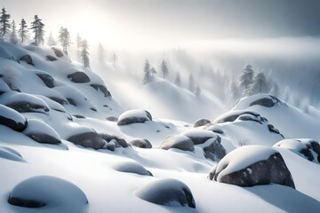 A snow-covered hillside with scattered boulders, surrounded by a dense forest veiled in winter fog.