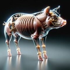 A pig with a transparent body in which you can see internal organs and bones in detail. AI generated.