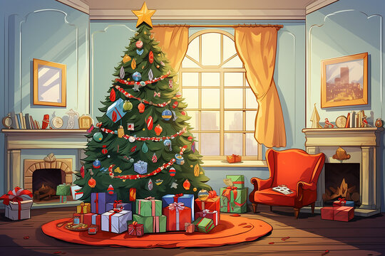 illustration of a Christmas tree at home with Christmas decoration and presents 
