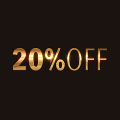 20 percent off, golden words on black background, 3d illustration, discount