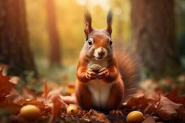 A Red squirrel gnaws a nut under a majestic tree in the serenity of the park. Harmony of wild nature and autumn enjoyment of nature