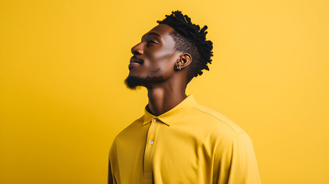 Portrait of fashionable male model, shot from the side, smiling and looking towards nose, yellow background
