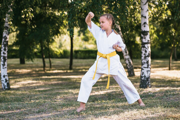 Karateka girl making a hand strike at summer park outdoors. The concept of martial arts - karate,...