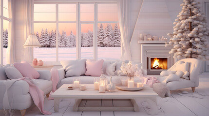 Living room in pastel color, cute, angle, coffee table, winter time, christmas