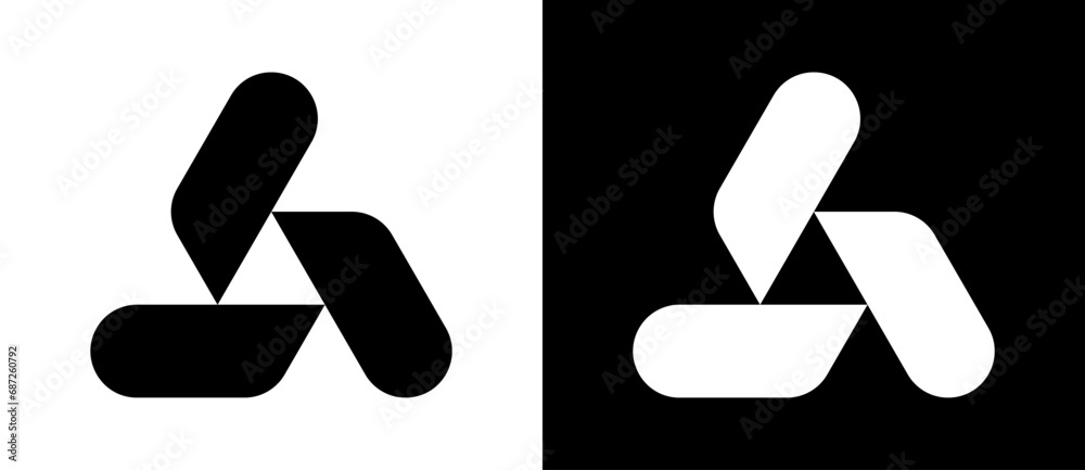 Poster Triangle with 3 rounded shapes as logo, icon or design element. Black shape on a white background and the same white shape on the black side.